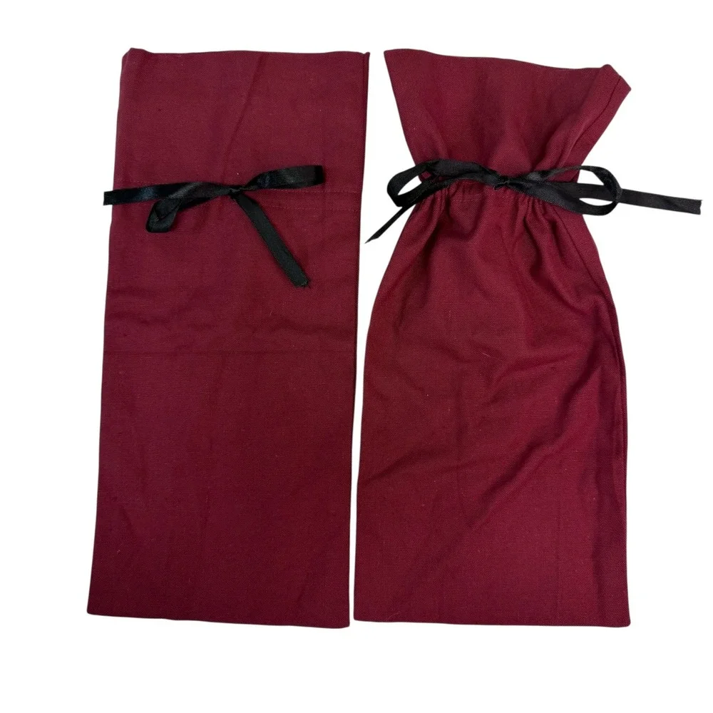 Set of 2 Burgundy Canvas Wine‎ Gift Bags with Black Ribbon Drawstring Closure